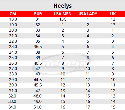 Tabla de equivalencias zapatillas Heelys